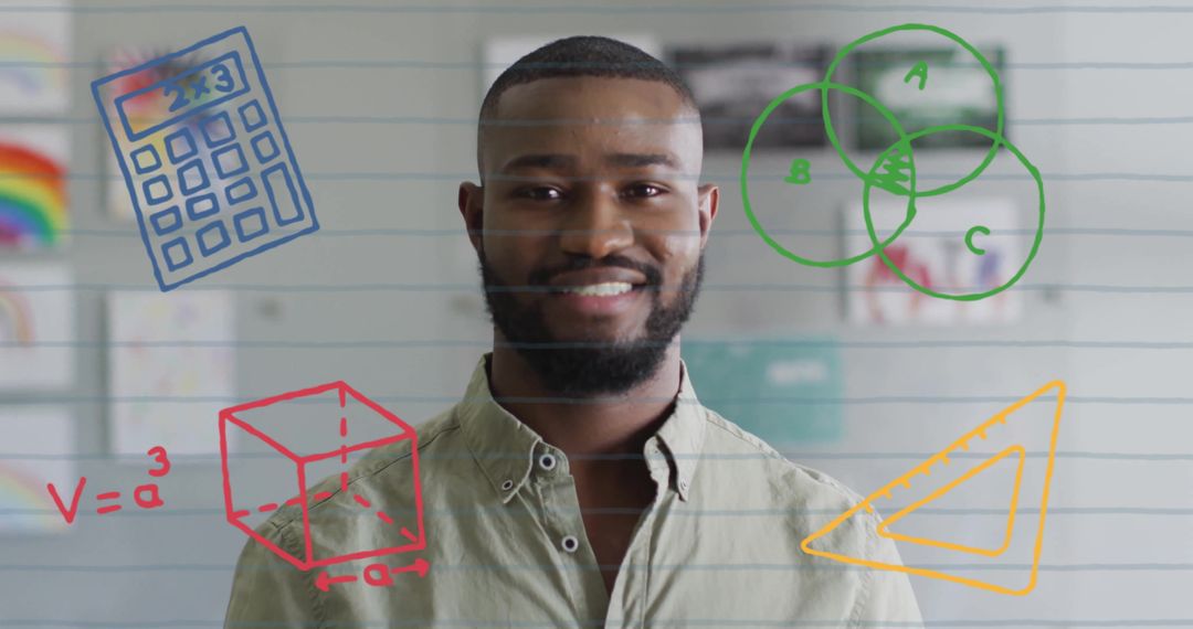 Smiling Teacher with Digital Math and Geometry Overlays