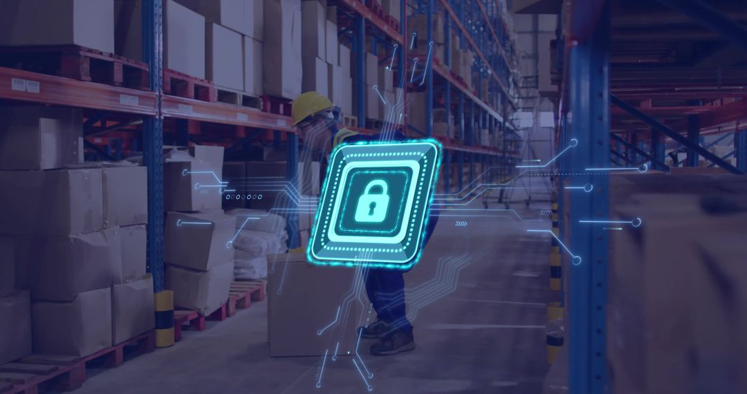 Warehouse Worker with Digital Security Overlay Handling Box