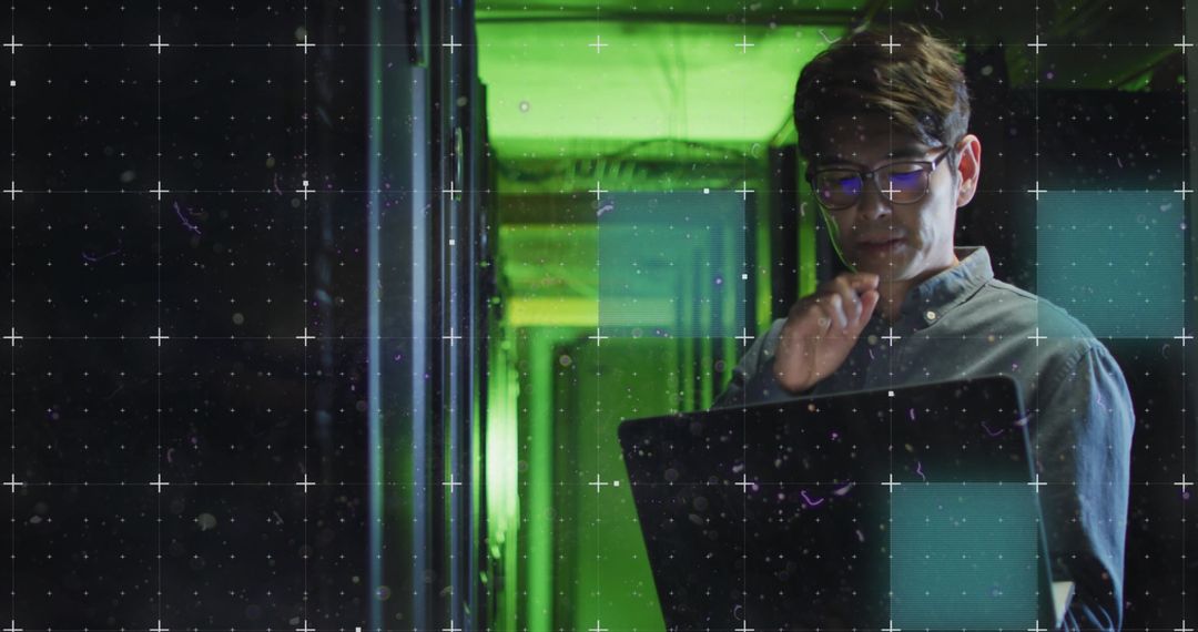 IT Engineer Managing Data Servers with Digital Interface Overlay