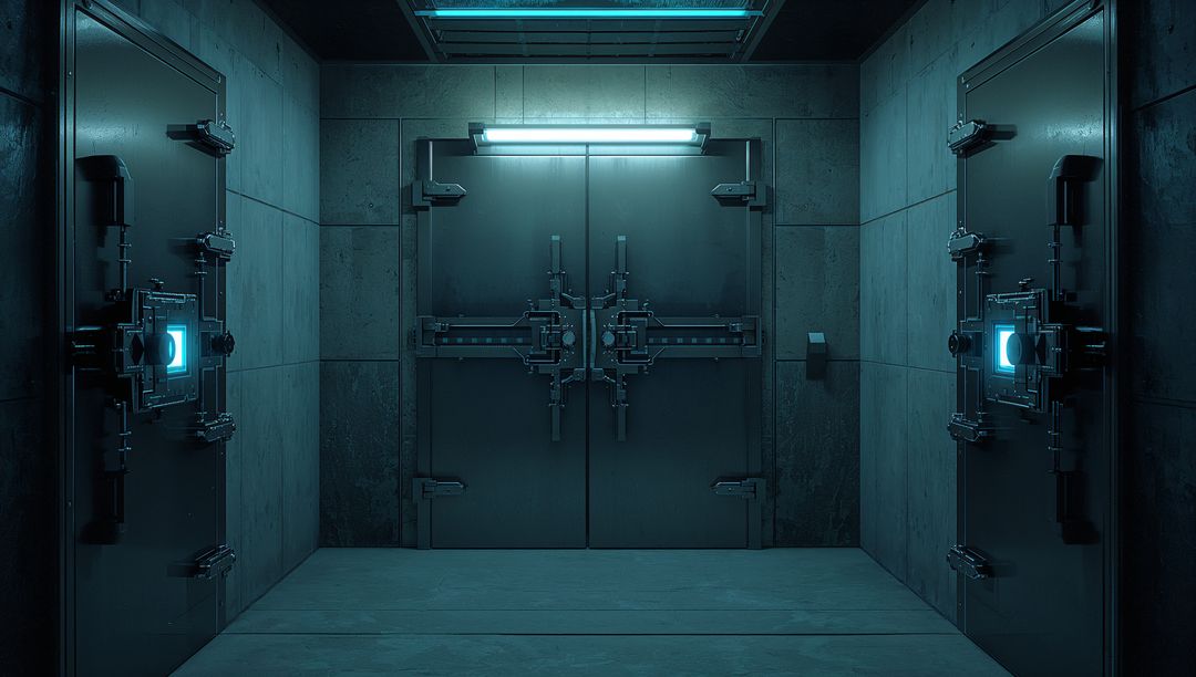 Futuristic Secure Vault Door with Advanced Technology Consoles