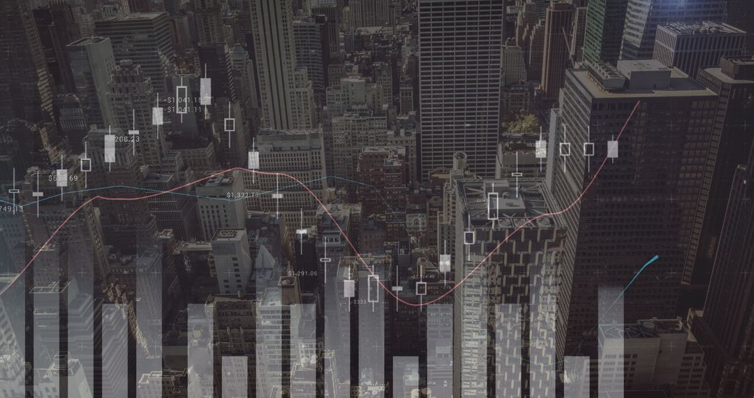 Futuristic Financial Graphs Superimposed on Urban Cityscape