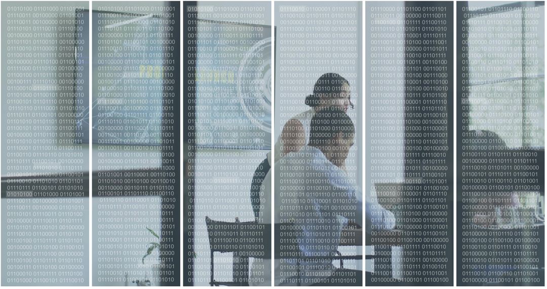 Business professionals typing behind glass panels with binary code overlay, futuristic office