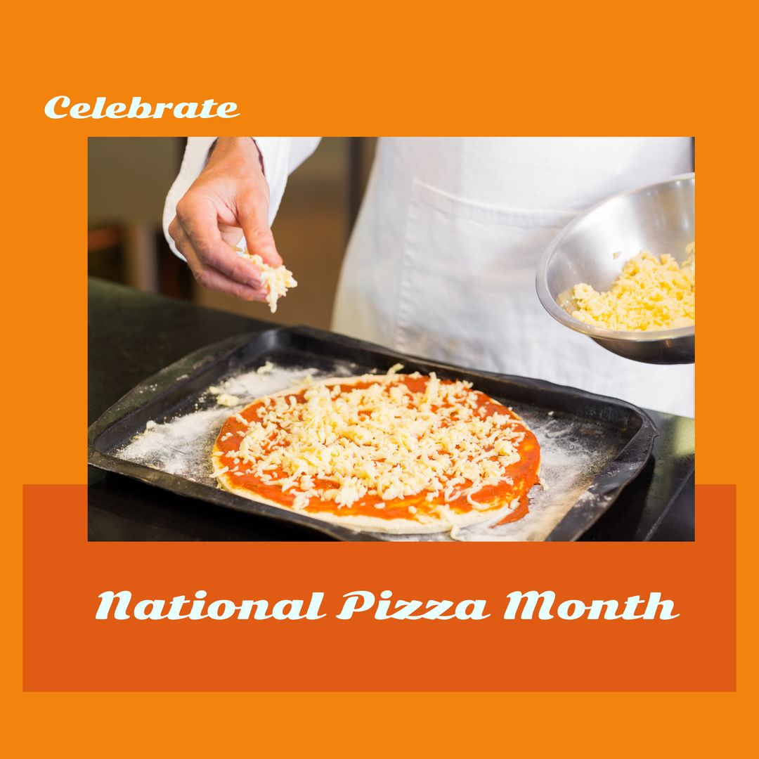 Caucasian Chef Sprinkling Cheese on Pizza Celebrating National Pizza Month