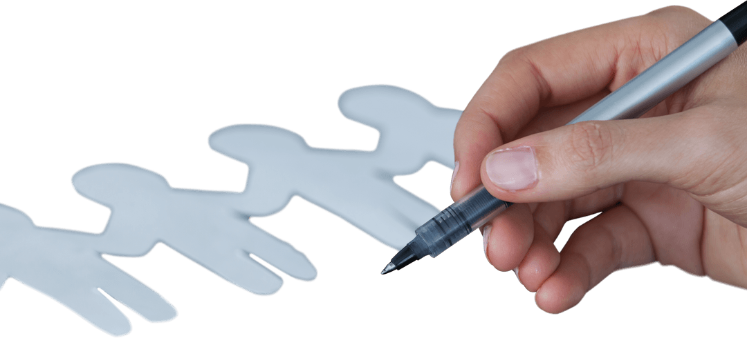 Transparent Paper Chain People with Hand Holding Pen Close-Up