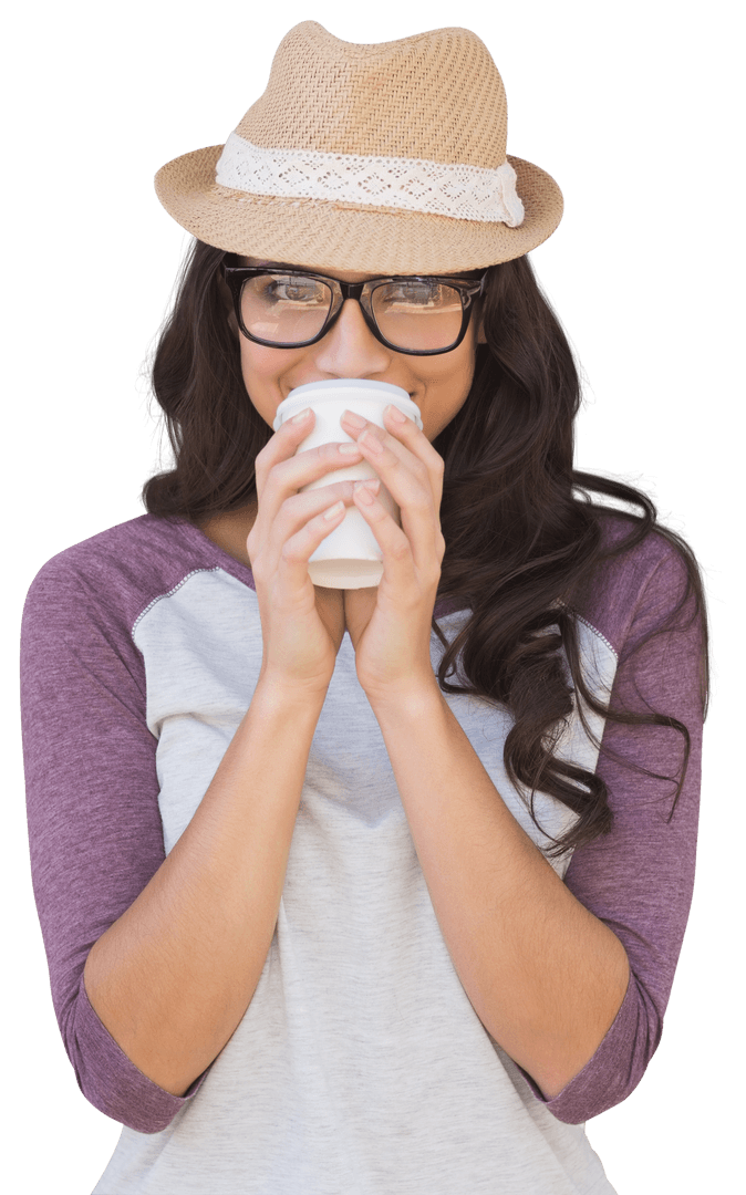 Smiling Woman in Hat Drinking Coffee on Transparent Background