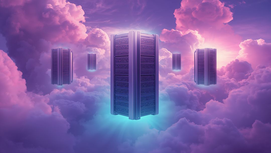 Floating Server Racks in Dreamlike Cloudscape with Glowing Light