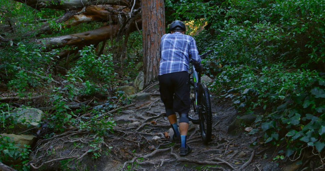 Cyclist Navigating Rugged Forest Trail During Outdoor Adventure