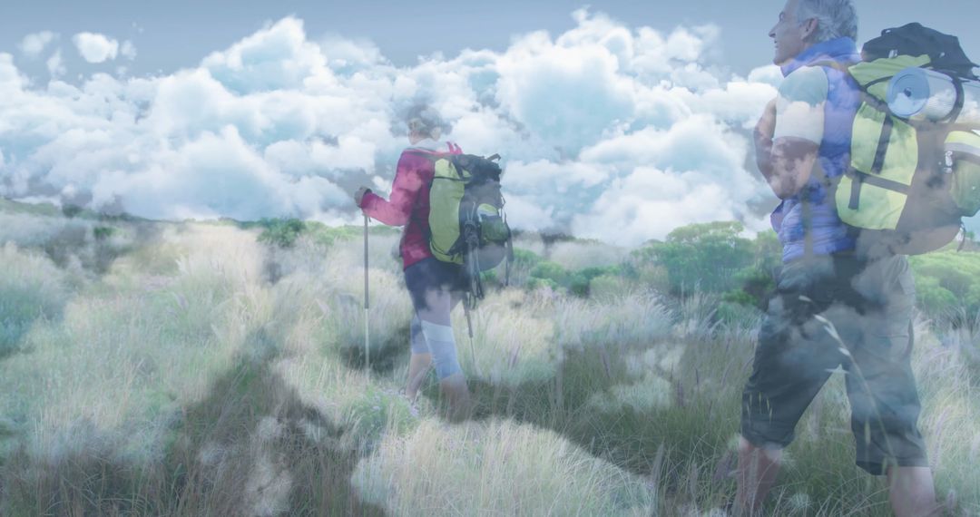 Cloudy Adventure: Hikers Exploring Serene Meadow Landscape
