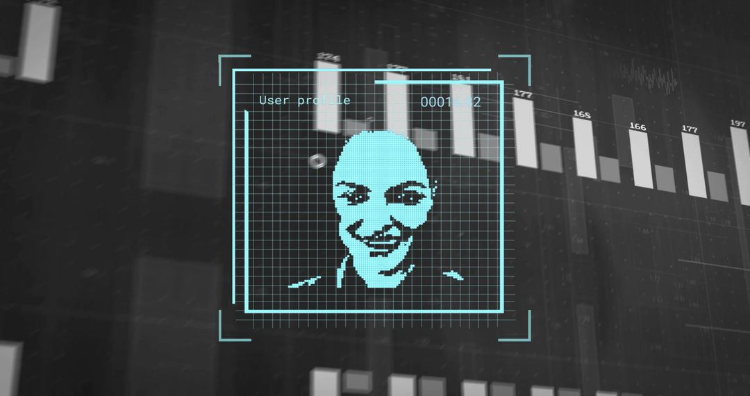 Teal Pixel Portrait Scanning on Cybersecurity HUD with Identity Analytics Grid