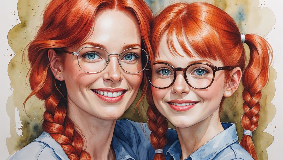 Mother and Daughter Portrait with Glasses and Braids in Watercolor Style