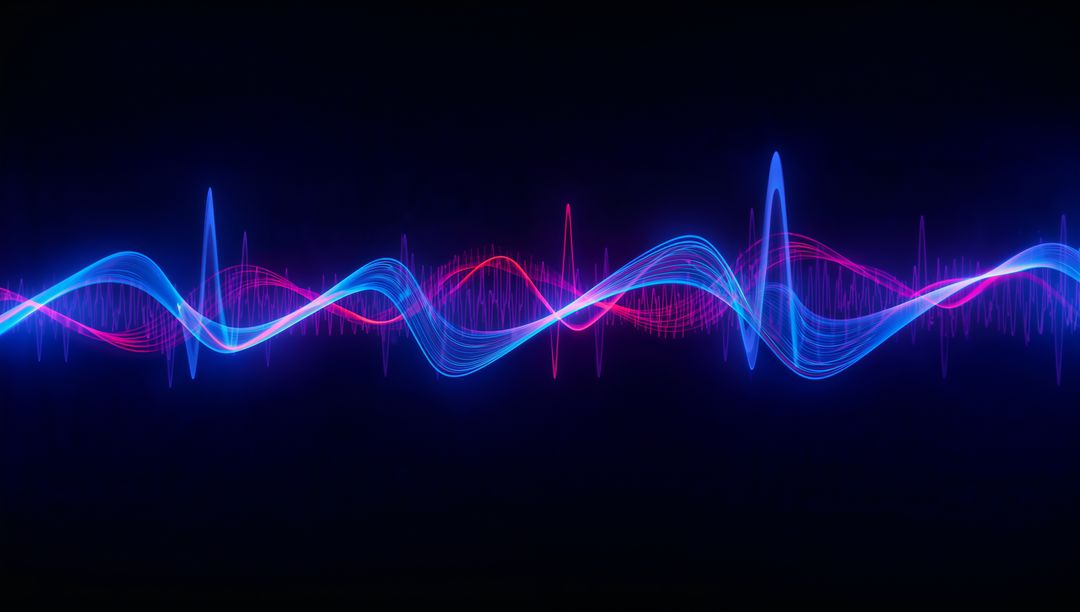 Flowing neon waveform crossing dark field with blue and magenta ribbons and glowing spikes