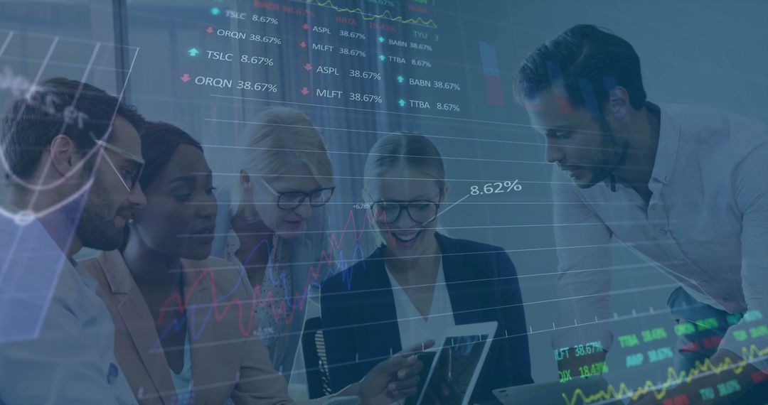 Teams in Business Meeting with Digital Financial Data Overlay