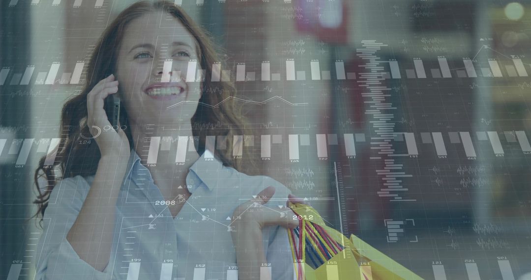 Smiling Woman Shopping in Mall With Phone and Bar Chart Overlay