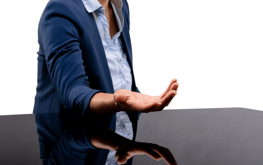 Businesswoman in Blue Suit Holding Invisible Object with Transparent Reflection
