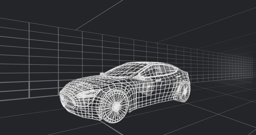 Digital Wireframe Car Model on Dark Background