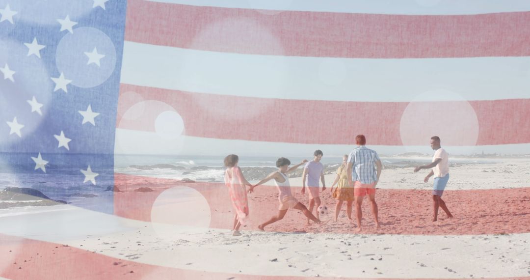 Group of Friends Playing on Beach with American Flag Overlay