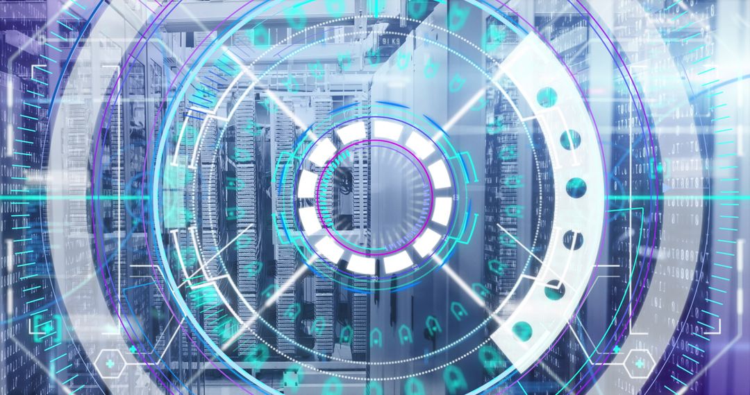 Futuristic Neon Scanner Overlaying Data Center