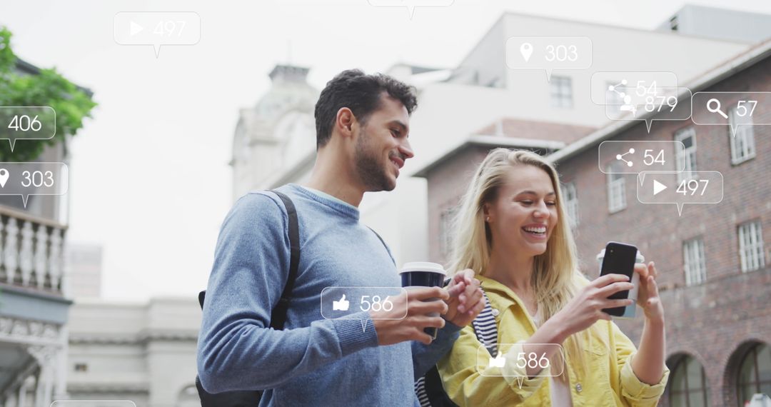Smiling Couple Enjoying Urban Experience with Social Media Symbols