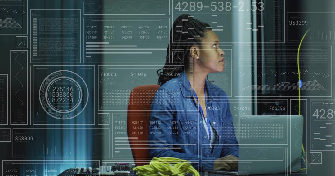 Technician Operating in Secure Server Room with Digital Overlay