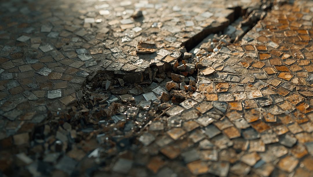 Cracked Mosaic Tile Surface Forming Shallow Crater with Jagged Crack and Reflective Puddles
