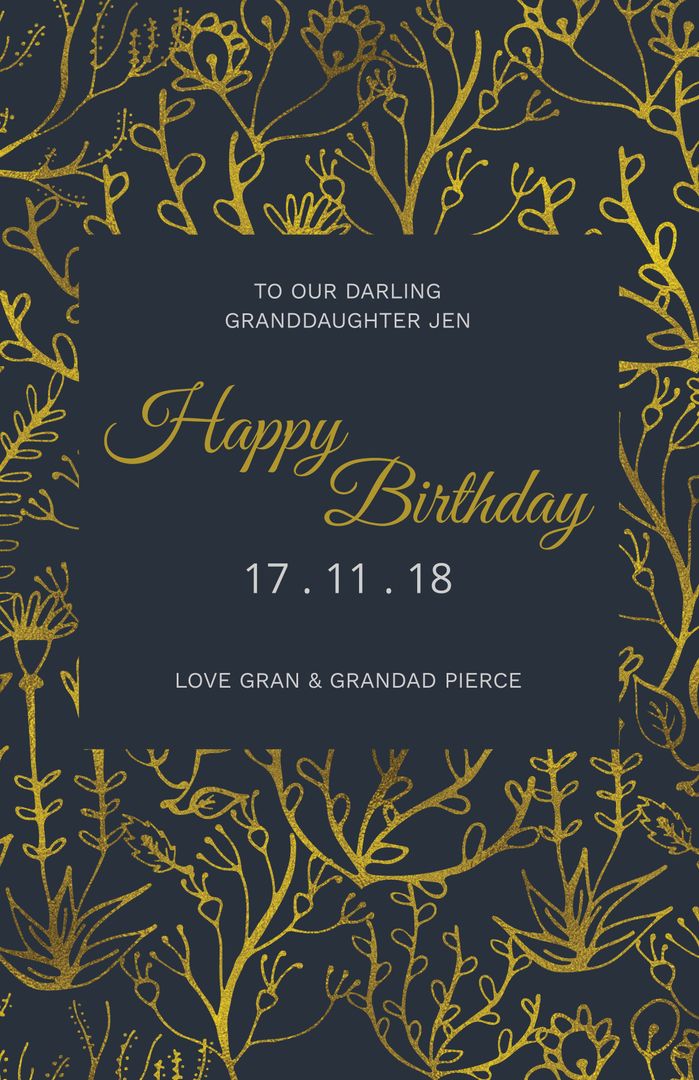 Elegant Birthday Card with Gold Botanical Flourish on Blue Background