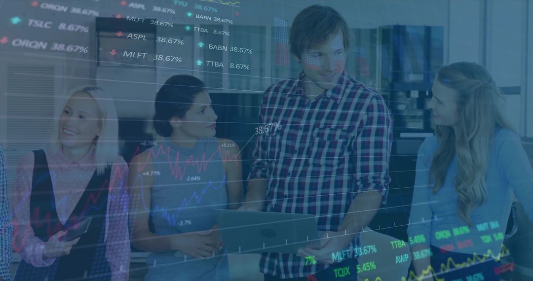 Startup Team Collaborating Over Laptop with Stock Market Data Overlay and Analytics