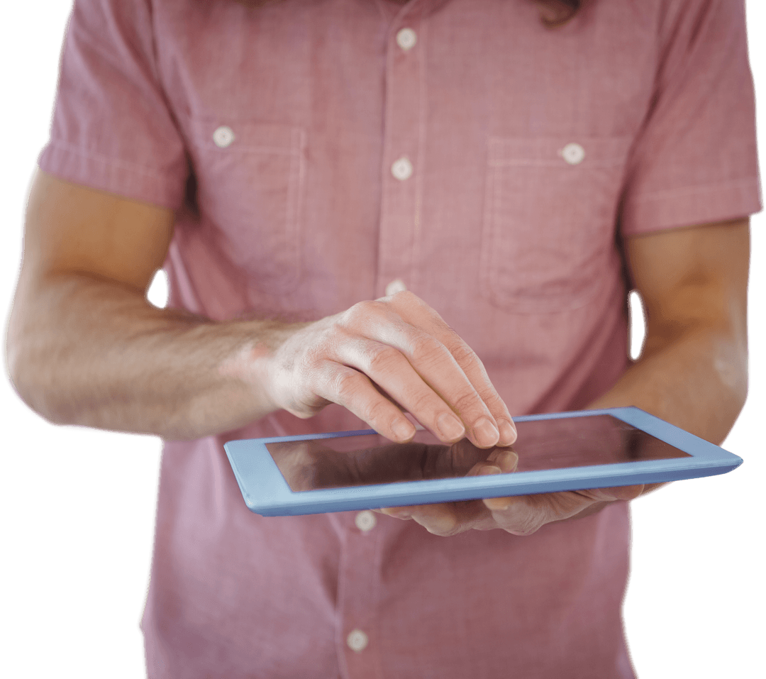 Man Interacting with Tablet in Transparent Background