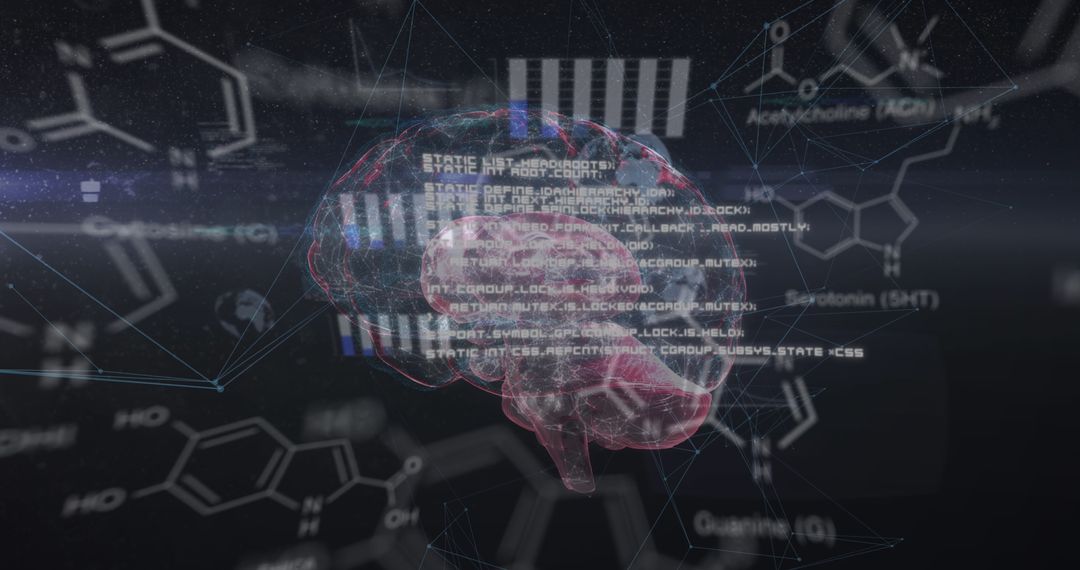 Rotating digital brain with chemical formulas and data nodes