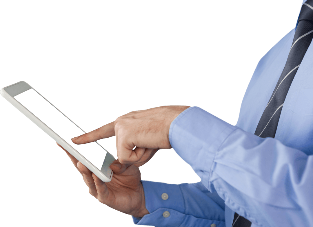 Transparent Close-Up of Businessman Using Tablet for Office Work