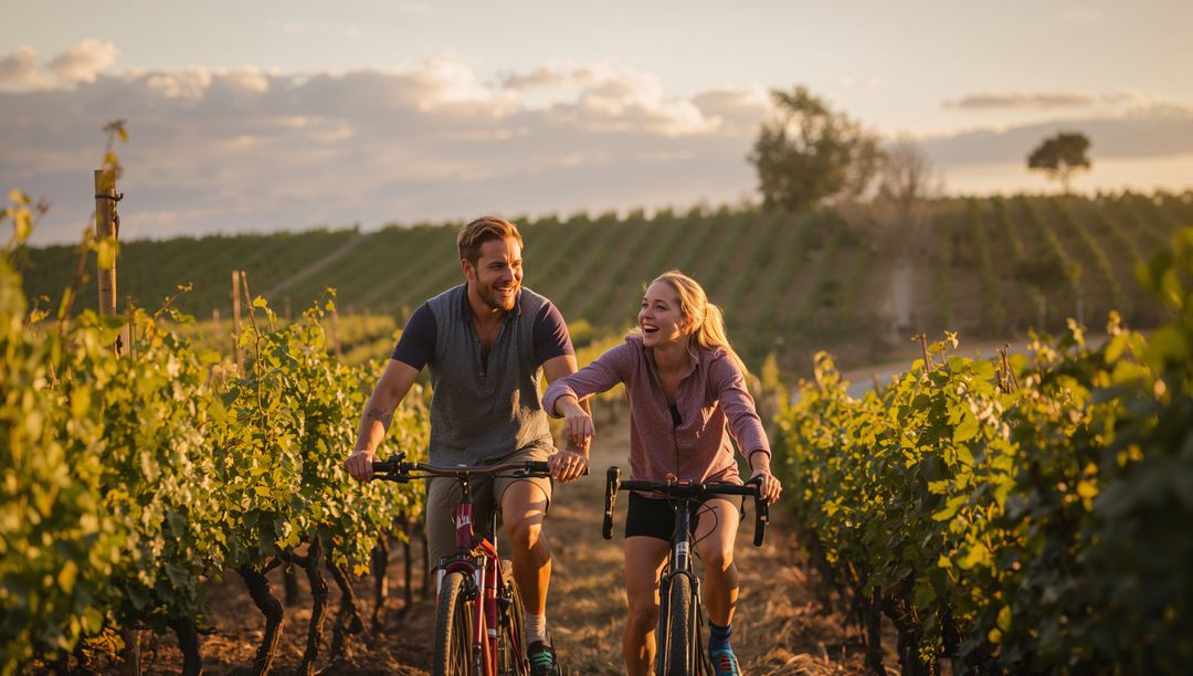 Couple cycling through sunlit vineyard at golden hour, smiling and enjoying adventure
