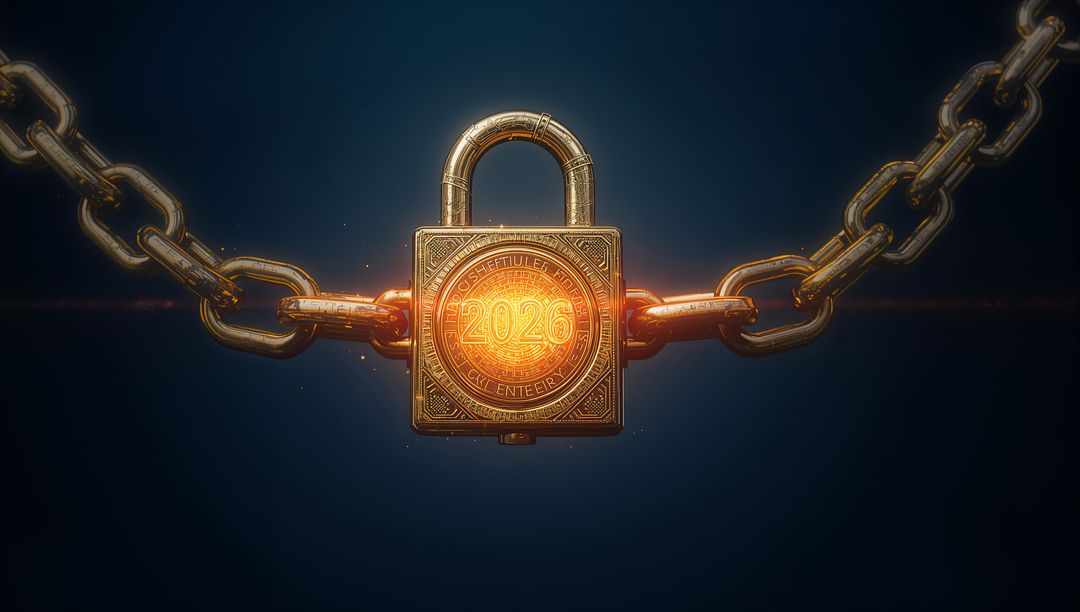Ornate Gold Padlock with Glowing 2026 Medallion on Heavy Chain, Futuristic Security Concept