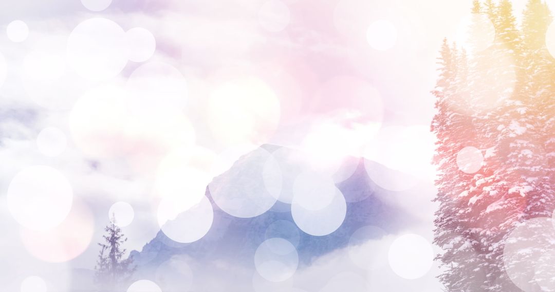Ethereal Mountain View with Winter Pines and Bokeh Lights