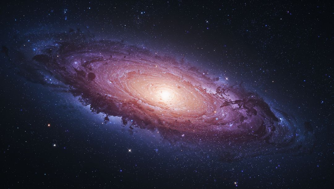 Grand-Design Spiral Galaxy with Radiant Yellow Core and Purple Dust Lanes in Deep Space