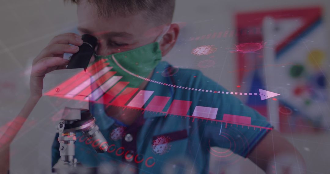 Young Scientist Wearing Mask Working with Microscope and Data Overlay