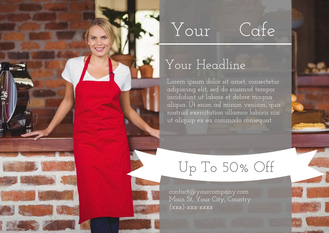 Smiling Waitress at Cafeteria Promoting Special Offer with Red Apron