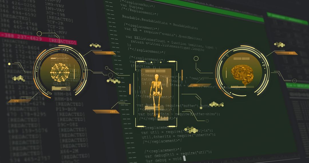 Futuristic Data Interface with Human Skeleton and Brain Visualization