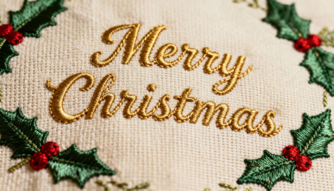 Gold Script Merry Christmas Embroidery on Cream Fabric with Holly and Red Berries Macro