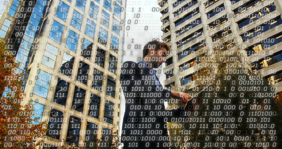 Professional Engages with Data Streams on City Street