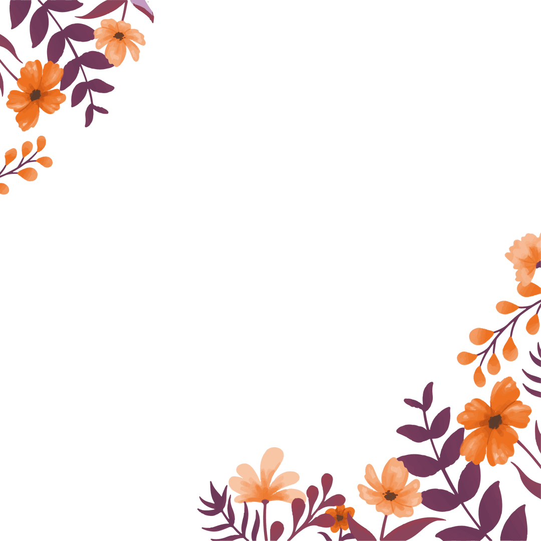 Floral Border with Orange Blooms and Purple Foliage on Transparent Background