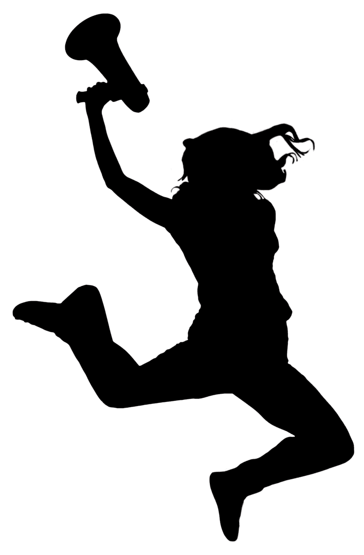 Silhouette of Excited Woman Jumping with Loudspeaker on Transparent Background