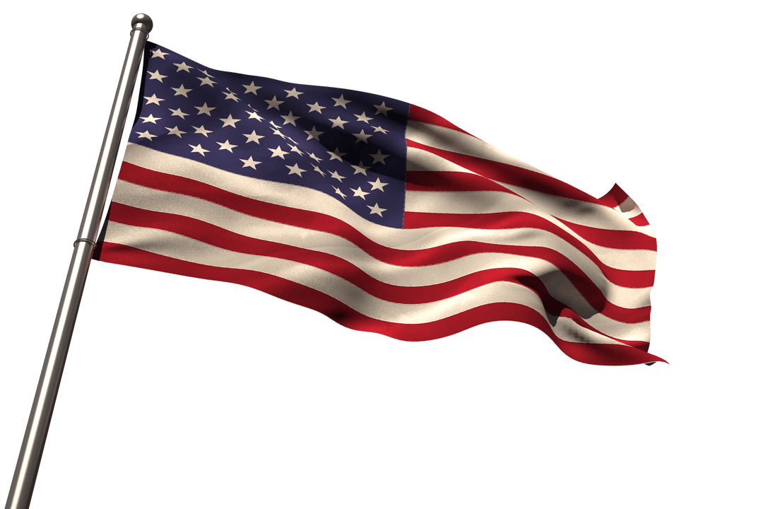 Transparent American Flag Waving on Pole in Low Angle View