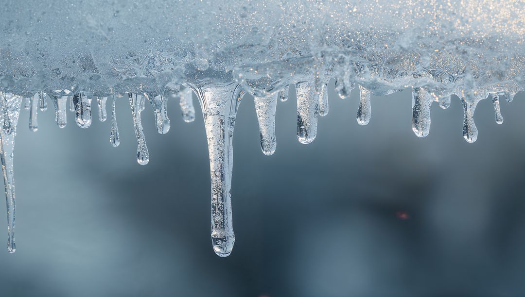 Dripping Icicle Cluster Melting on Snow-Lined Ledge with Crystal Clear Droplets