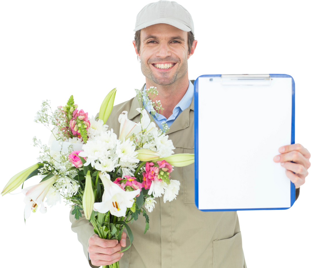 Portrait of happy delivery man holding bouquet of flowers and transparent clipboard - Download Free Stock Images Pikwizard.com