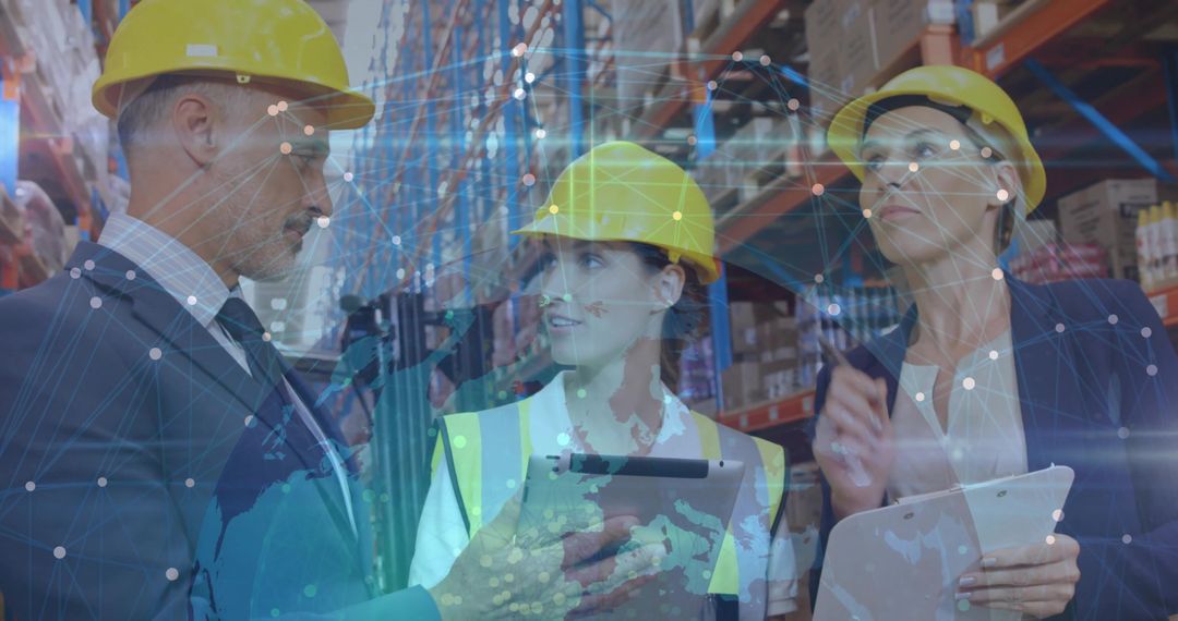 Warehouse Team Inspecting Inventory with Digital Network Overlay, Safety Helmets, Tablets