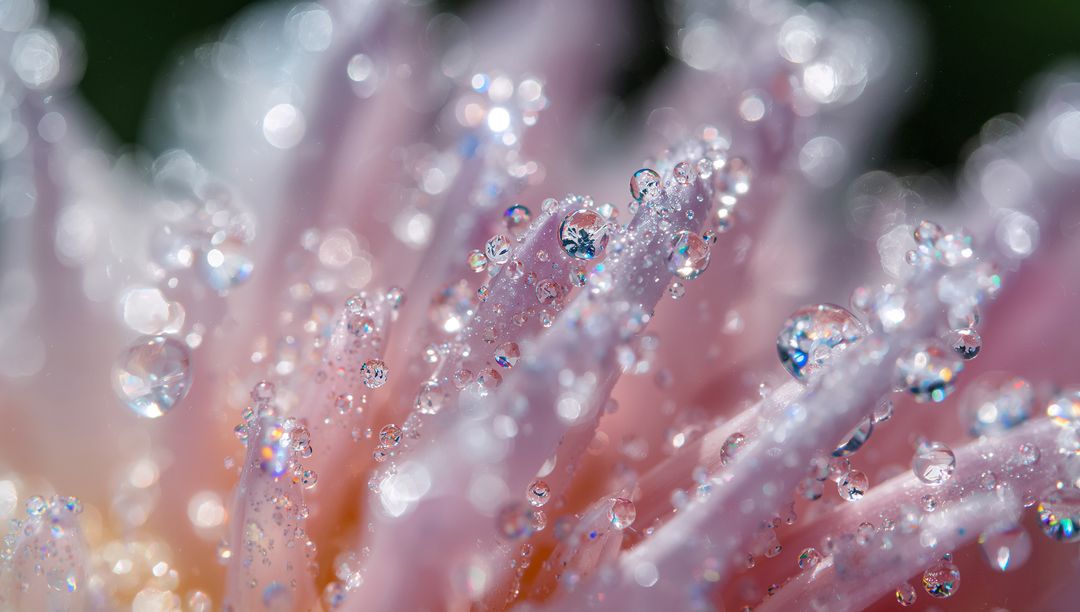 Glittering Pink Flower Filaments with Dew Drops and Prism Sparkle Macro Closeup