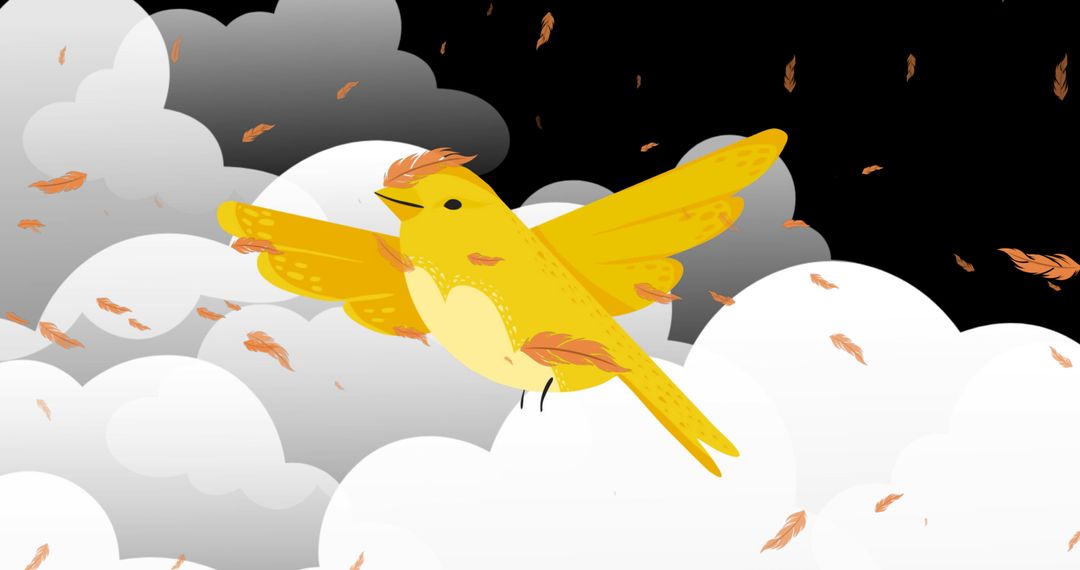Yellow Bird Flying Among Clouds With Falling Feathers