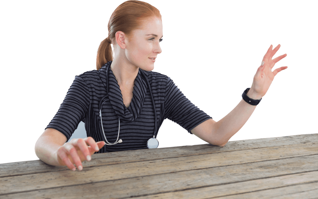 Female Doctor Use transparent Virtual Interface at Wooden Table
