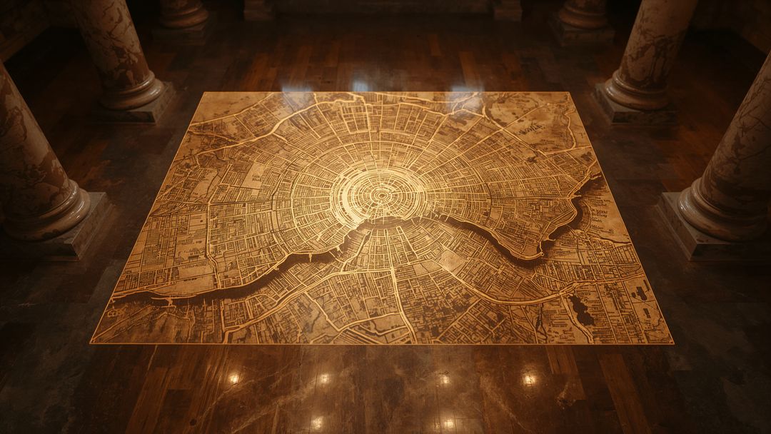 Illuminated Inlaid City Map Panel in Museum with Marble Columns