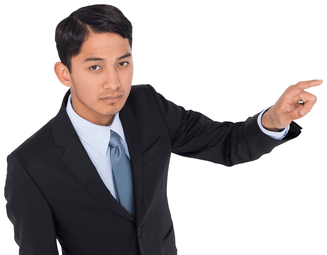 Serious Asian Businessman Pointing Finger on Transparent Background