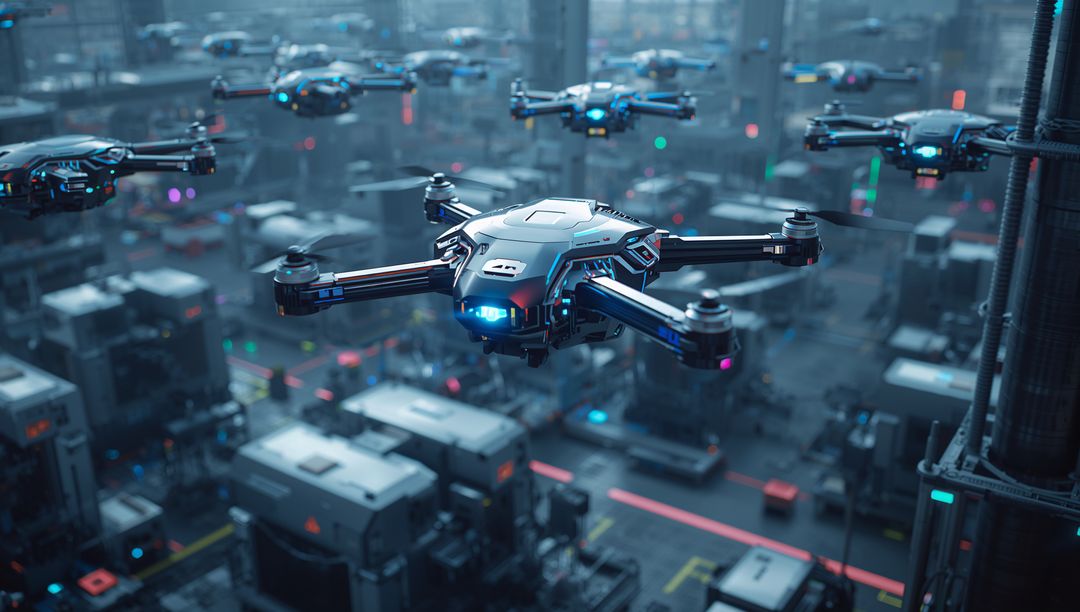 Futuristic Drones in Industrial Cityscape